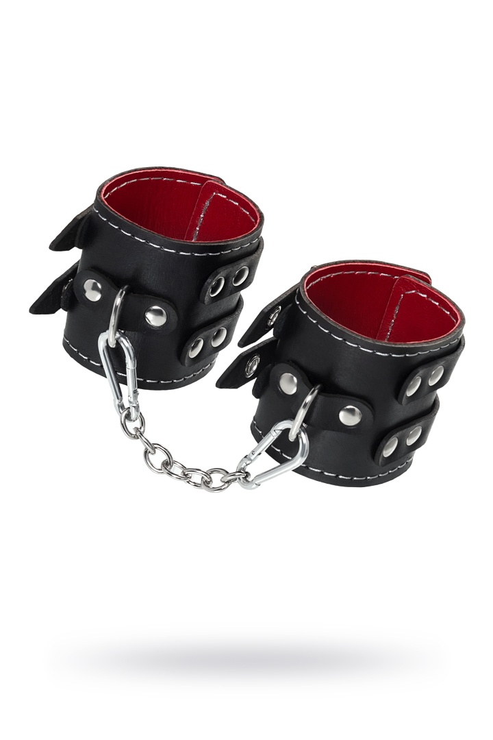 Наручники кожаные Pecado BDSM с двумя ремнями и красной подкладкой черные